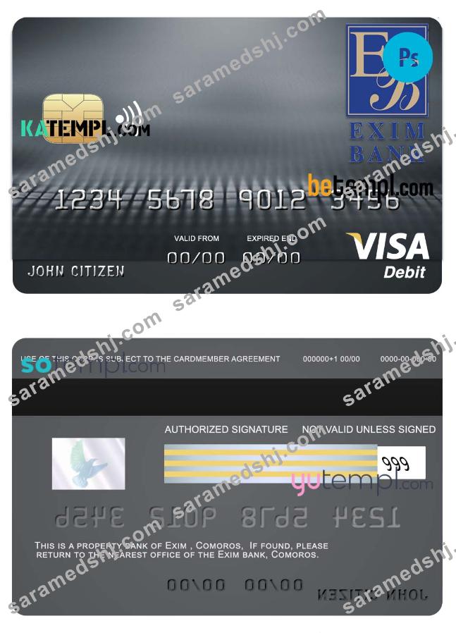 Comoros Exim bank visa debit card template in PSD format, fully editable